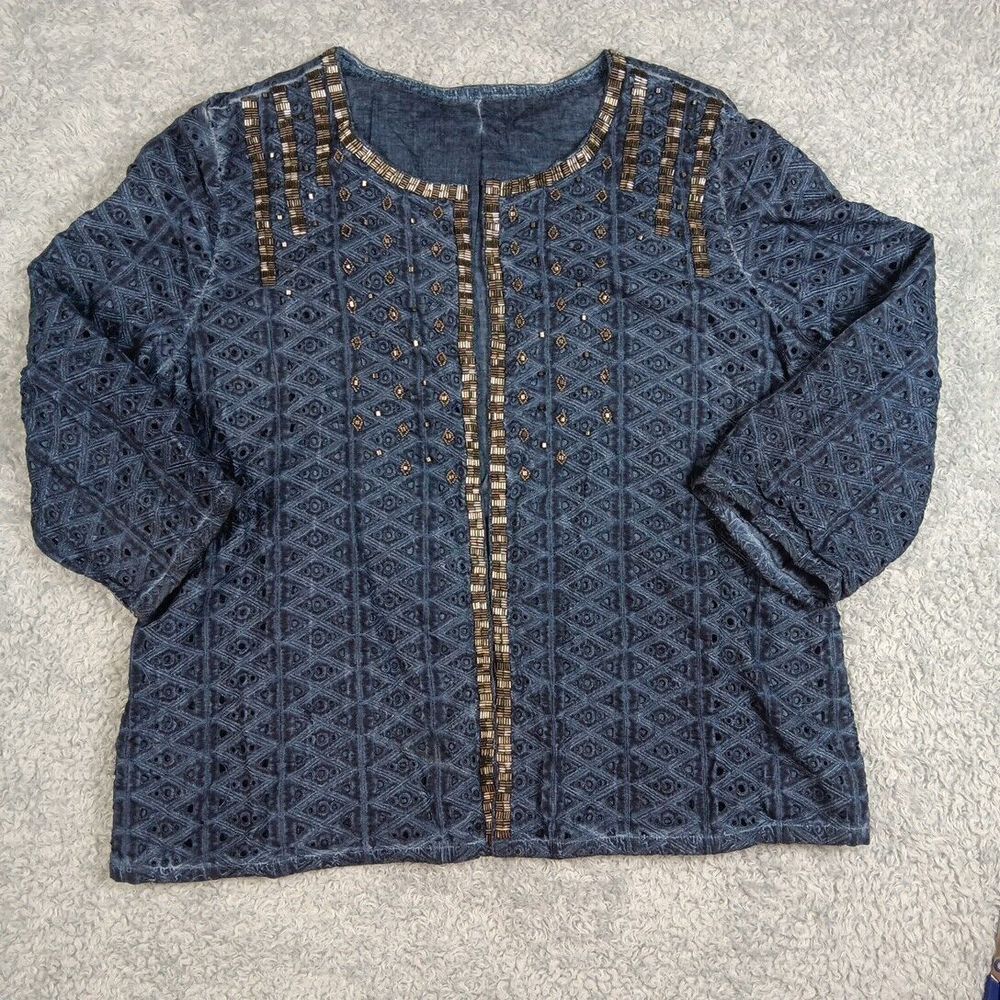 Chicos Size 1 Beaded Quarter‎ Length Sleeve Womens Blue Blazer